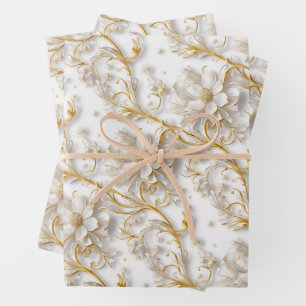 White gold wedding floral pattern elegant summer wrapping paper sheet