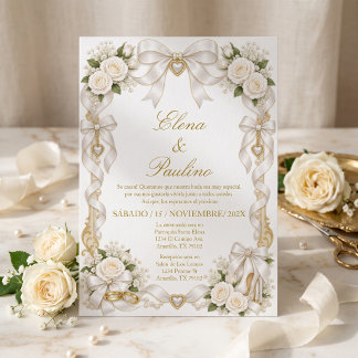 White Gold Wedding Floral Rose Bow  Invitation
