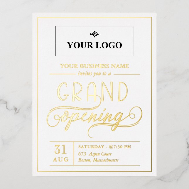White & Gold Wide Logo Grand Opening Foil Invitation Postcard (Front)