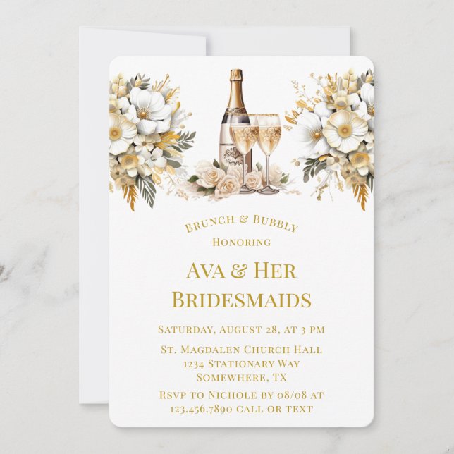 White Gold Wine Glass Champagne Brunch & Bubbly Invitation (Front)