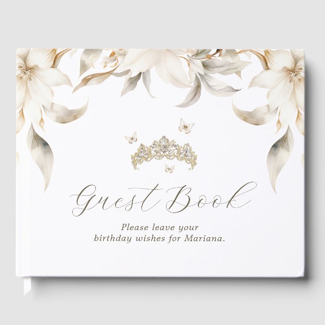 White Gold Winter Florals Quinceanera Guest Book (Front)