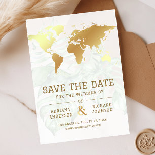 White Gold World Map Wedding Save the Date Acrylic Invitations