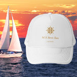 White gold yacht boat name steering wheel captain trucker hat<br><div class="desc">A white background.  Decorted with a faux gold steering wheel. Personalise and add the boat name,  title/text.</div>