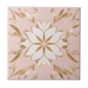White, golden and pink floral tile