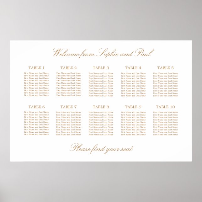 White Golden Beige 10 Table Wedding Seating Chart (Front)