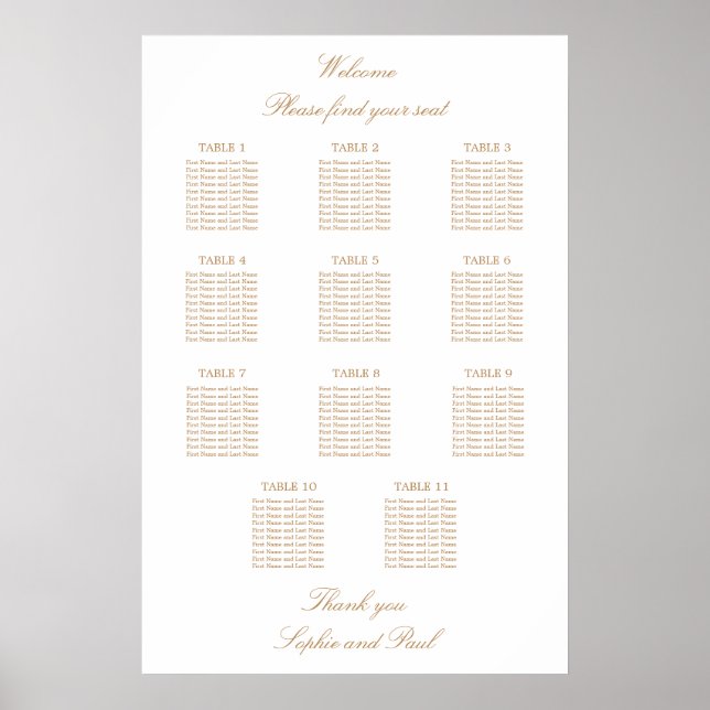 White Golden Beige 11 Table Wedding Seating Chart (Front)