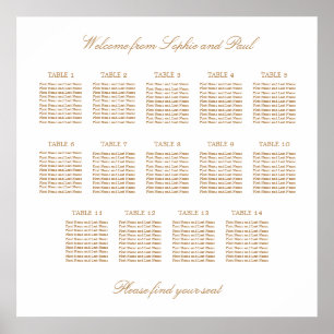 White Golden Beige 14 Table Wedding Seating Chart