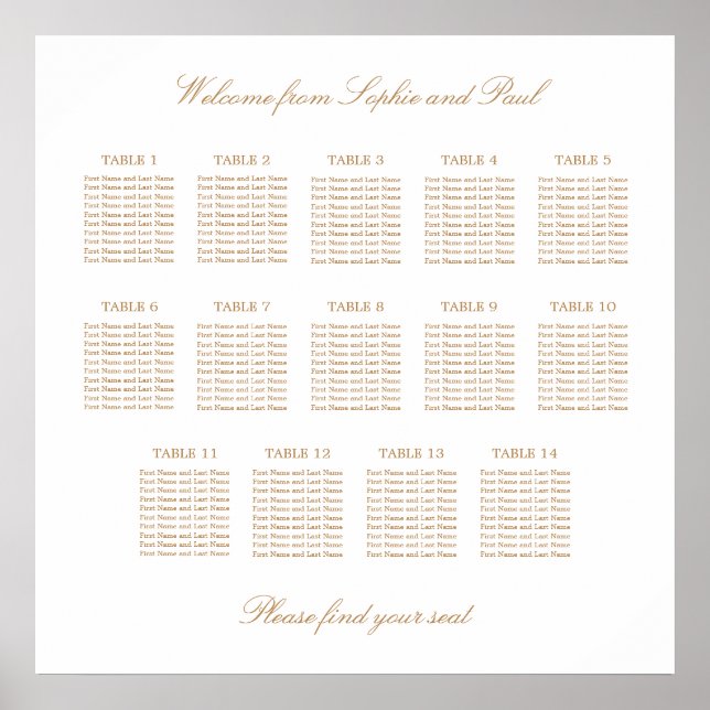 White Golden Beige 14 Table Wedding Seating Chart (Front)
