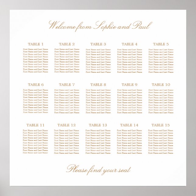 White Golden Beige 15 Table Wedding Seating Chart (Front)
