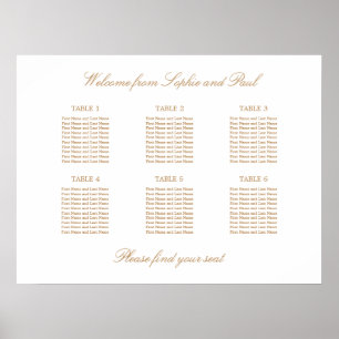 White Golden Beige 6 Table Wedding Seating Chart