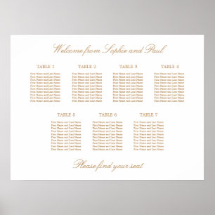 White Golden Beige 7 Table Wedding Seating Chart