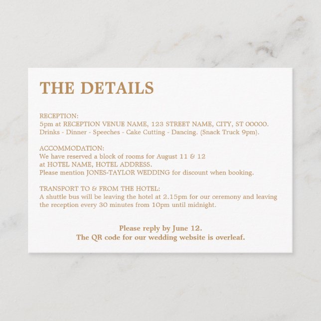White Golden Beige QR Code Wedding Details Card (Front)