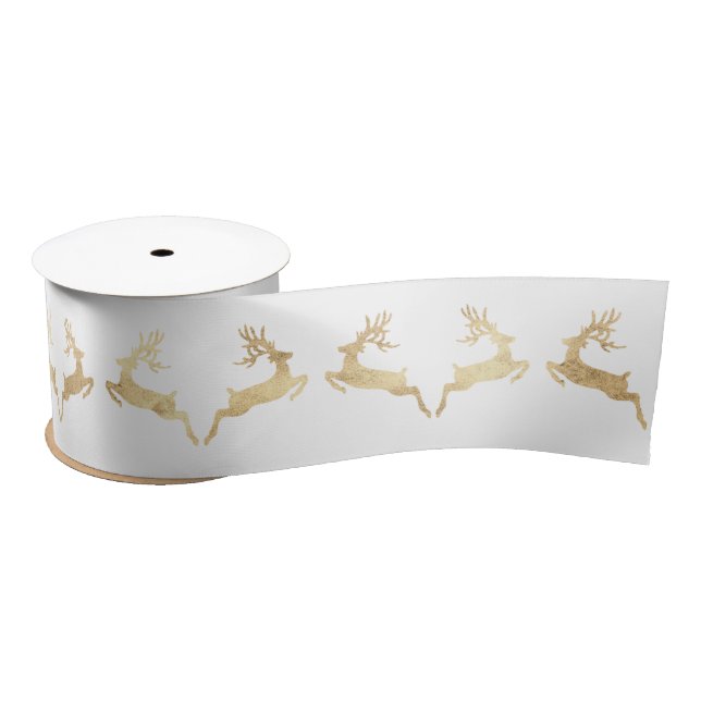 White Golden Christmas Holidays Decor Reindeer Satin Ribbon (Spool)