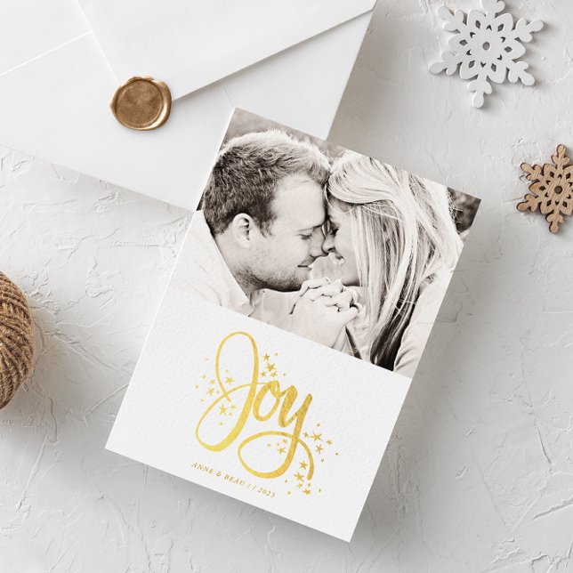 White Golden Joy Modern Photo Holiday Card (Simple and clean white photo Christmas holiday card with faux gold foil Joy surrounded by stars)