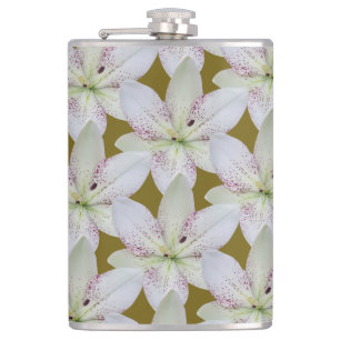 White Golden-rayed lily  Flower ,Personalised Name Hip Flask