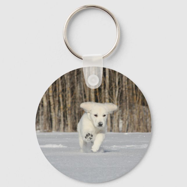 White Golden Retriever Puppy in Snow Key Ring (Front)