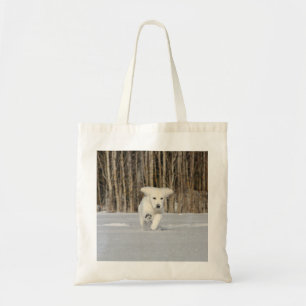 White Golden Retriever Puppy in Snow Tote Bag