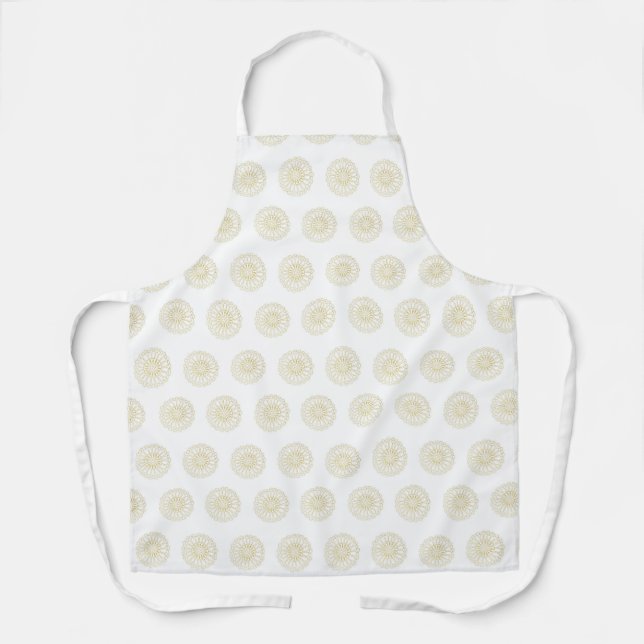 White | Golden Zinnia Flower Medallions Apron (Front)