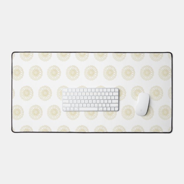 White | Golden Zinnia Flower Medallions Desk Mat (Keyboard & Mouse)