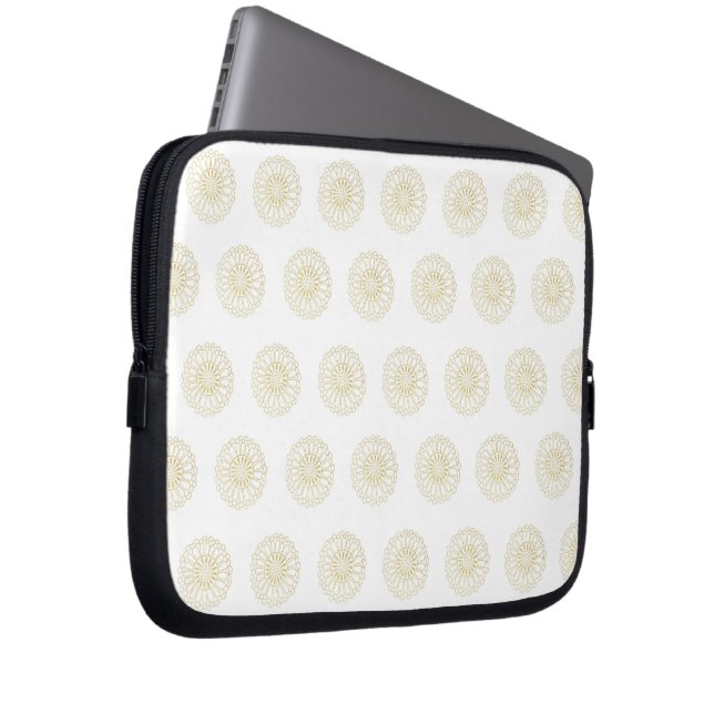 White | Golden Zinnia Flower Medallions Laptop Sleeve (Front Right)