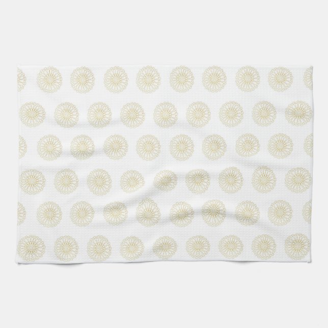White | Golden Zinnia Flower Medallions Tea Towel (Horizontal)