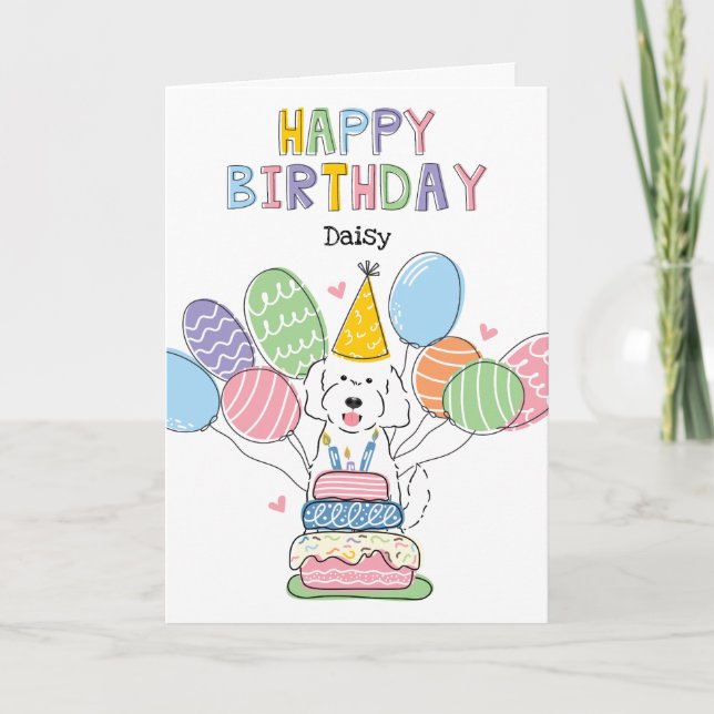 White Goldendoodle Dog Happy Birthday Card (Front)