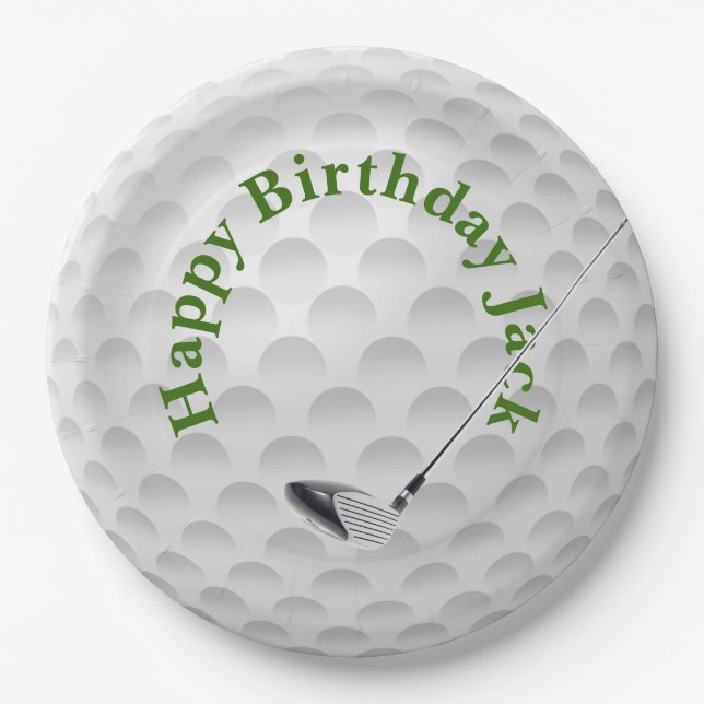 White Golf Bal with Club Birthday Paper Plate (Front)