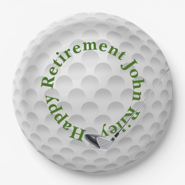 White Golf Bal with Club Retirement Paper Plate (Front)