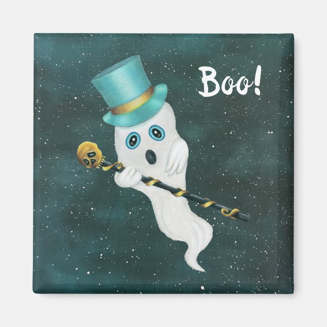 White Goofy Ghost in Sky Blue Eyes Top Hat Skull Magnet (Front)