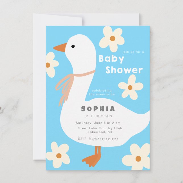 White Goose and Daisies Baby Shower Invitation (Front)