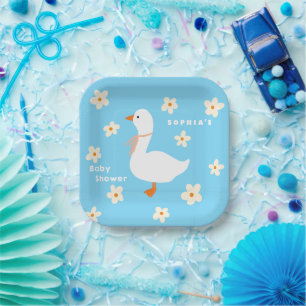 White Goose and Daisies Baby Shower Paper Plate