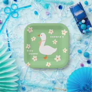 White Goose and Daisies Baby Shower Paper Plate