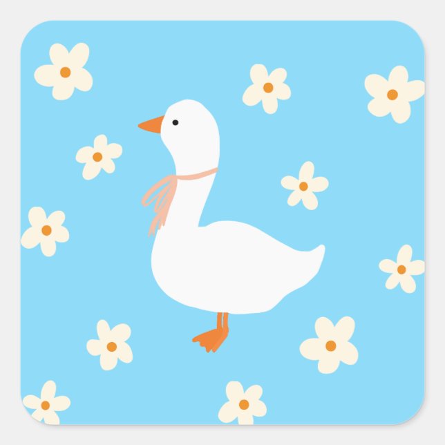 White Goose and Daisies Square Sticker (Front)