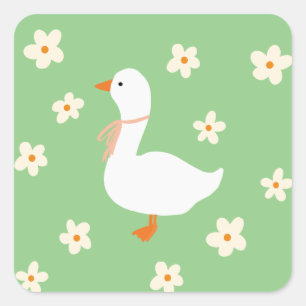 White Goose and Daisies Square Sticker