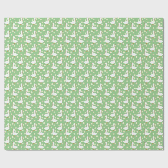 White Goose and Daisies Thank You Green Wrapping Paper (Flat)
