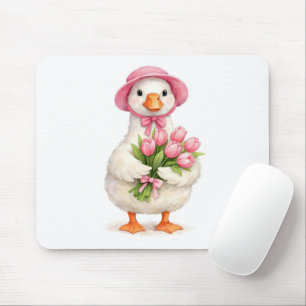 White Goose Holding Pink Tulip Bouquet Mouse Mat