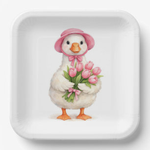 White Goose Holding Pink Tulip Bouquet Paper Plate