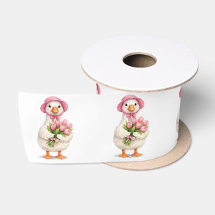 White Goose Holding Pink Tulip Bouquet Satin Ribbon