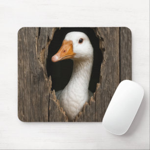 White Goose Peeking From Jagged Wood Hole Mouse Mat