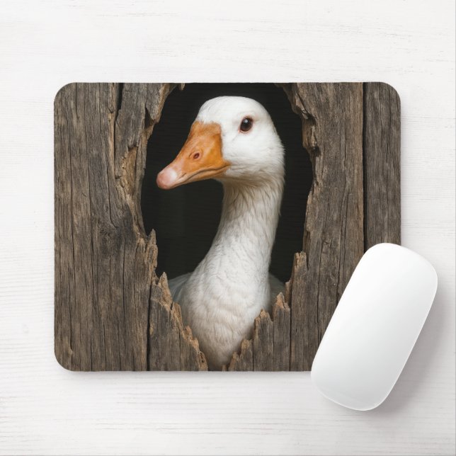 White Goose Peeking From Jagged Wood Hole Mouse Mat (With Mouse)