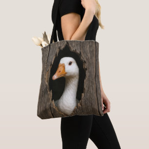 White Goose Peeking From Jagged Wood Hole Tote Bag