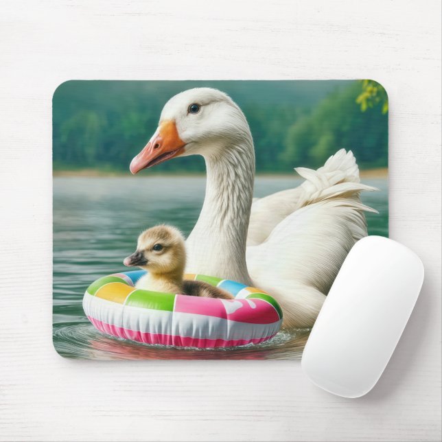White Goose With Gosling In an Inflatable Ring Mouse Mat (With Mouse)