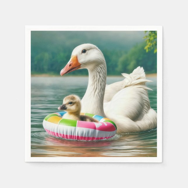 White Goose With Gosling In an Inflatable Ring Napkin (Front)