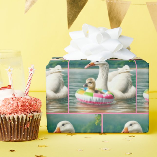 White Goose With Gosling In an Inflatable Ring Wrapping Paper (Birthday Party)