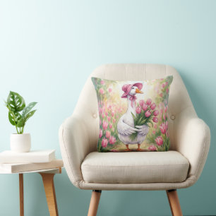 White Goose With Pink Tulips Cushion