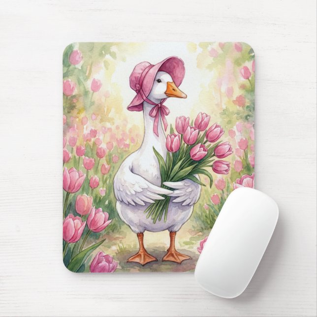 White Goose With Pink Tulips Mouse Mat (With Mouse)