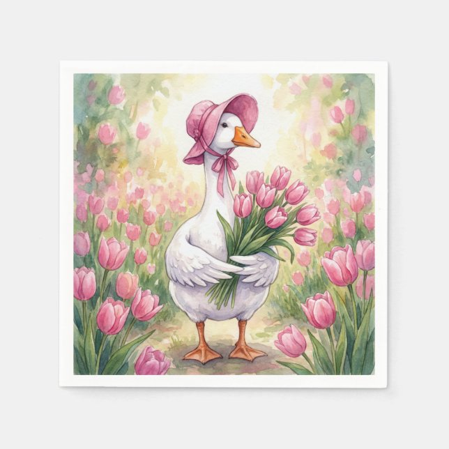 White Goose With Pink Tulips Napkin (Front)