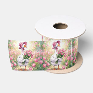 White Goose With Pink Tulips Satin Ribbon