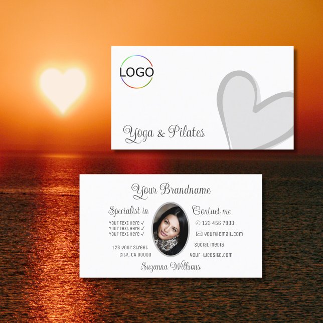 White Gorgeous Grey Heart with Logo and Photo Cute Business Card (Creator Uploaded)