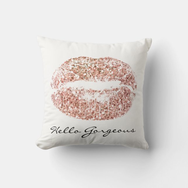 White Gorgeous Sparkly Pink Kiss Lips Glitter Cushion (Front)